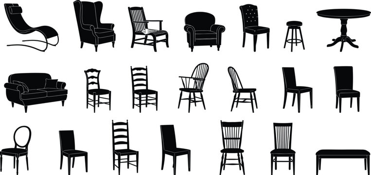 chair and furniture silhouette set, armchair sofa stool table collection, interior design elements, home decor, isolated, classic modern styles, seating variety