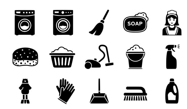 House Cleaning Solid Icon Set, Home Hygiene Tools Vector Collection