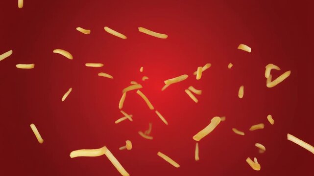 Pommes fliegen durch die Luft roter Hintergrund 