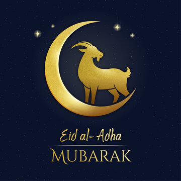 Luxury Eid al Adha Mubarak Gold Goat Silhouette Islamic Crescent Moon Elegant Greeting Design, Bakra Eid Qurbani Festival Vector Background