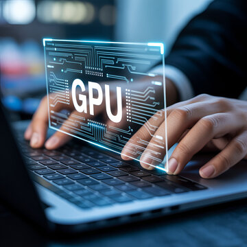 GPU Technology and Artificial Intelligence Hardware Concept, Hand Holding Semiconductor Chip and Digital Circuit Interface on Laptop, Modern Computing Innovation for Data Science and Machine Learning