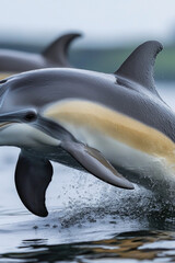 Obraz premium Two playful dolphins leaping out of the ocean, great for beach or aquatic themed designs