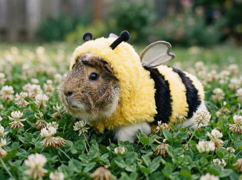 Adorable guinea pig dressed as a bee in a garden