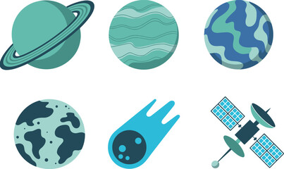 Set of flat vector illustrations featuring diverse planets, a ringed gas giant, an asteroid, and a space satellite isolated on white background for astronomy. © MdAnisur