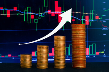 Golden coin stacks on reflective surface with glowing stock chart in background ideal for financial investment, wealth growth, and economic trend visuals