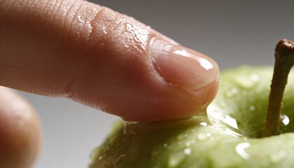 Obraz premium Wet fingertip pressing green apple skin, displacing water beads and showing texture for food ads