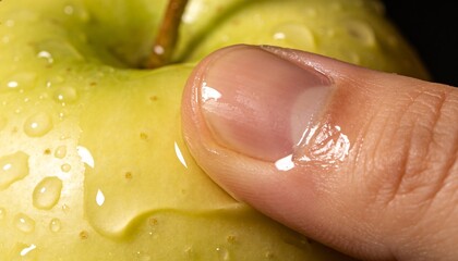 Obraz premium Thumb pressing glossy green apple, creating water trail and shallow dent, showcasing food product