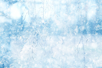 Snowy winter background in the park, blurred abstract seasonal backdrop, snowflake texture, light landscape background