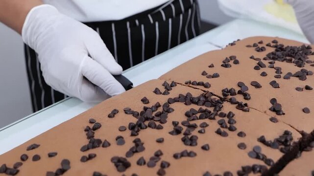 A close-up shot of a baker in gloves using a large knife to slice into a massive, fluffy Taiwanese chocolate castella cake.