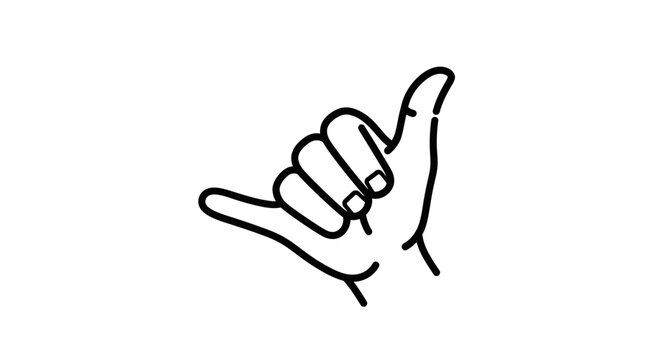 Line art drawing of a human hand showing the shaka gesture, isolated white background.