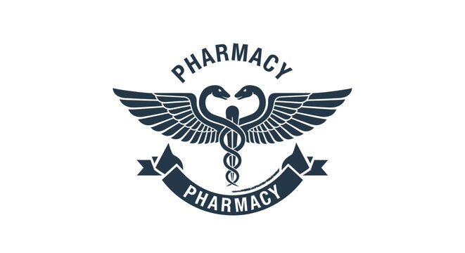 Pharmacy logo with caduceus symbol and wings on an isolated white background.