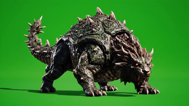 Fearsome Armored Beast Crawling Slowly With Spiked Shell and Red Glowing Eyes on Green Screen Background