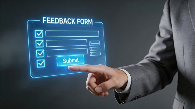 Businessman touching futuristic feedback form digital survey interface submit button virtual screen customer experience technology modern office innovation corporate strategy data