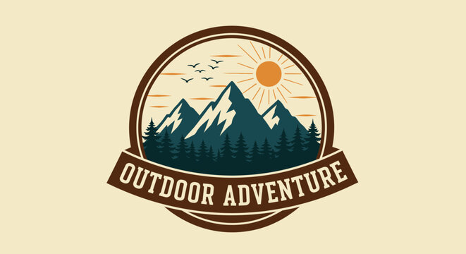 Outdoor Adventure Emblem with Mountains, Pine Trees, Sun, and Birds in Round Frame on light beige background.
