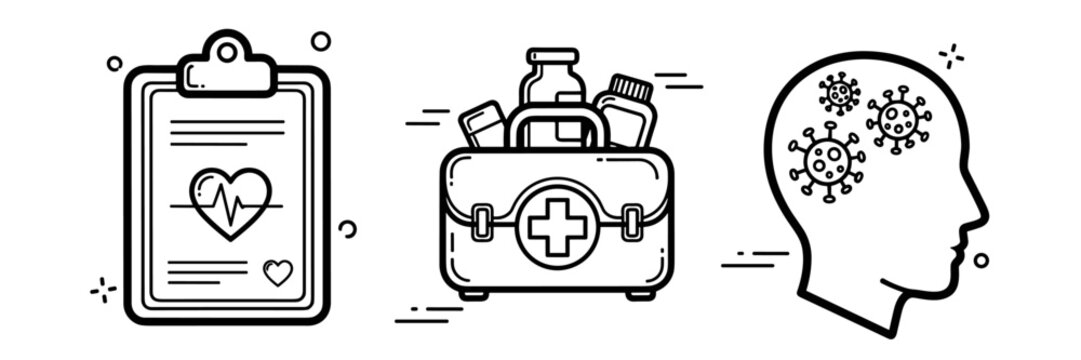 Medical icons: health chart, first aid kit, virus in brain outline