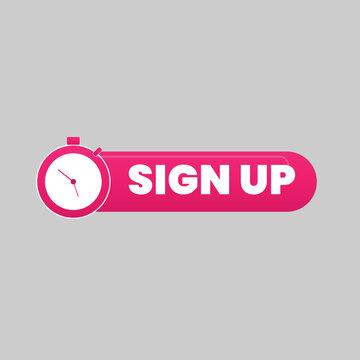 A pink sign up button with a stopwatch on a gray background