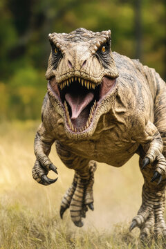 A prehistoric T-Rex runs through a green field with its mouth open, ready to catch prey