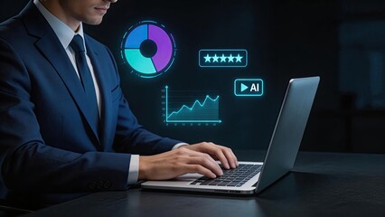 Fototapeta premium Businessman typing on laptop with holographic AI interface digital analytics charts ratings growth data futuristic technology corporate success innovation professional workspace