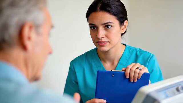 Healthcare professional holding a clipboard interacting with an older male patient, suitable for medical consultation, patient care, doctor visit, elderly care, and health education.