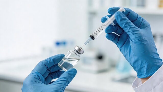 Doctor hands in gloves holding syringe with needle drawing liquid from vaccine vial in modern laboratory healthcare concept immunization injection medical treatment science