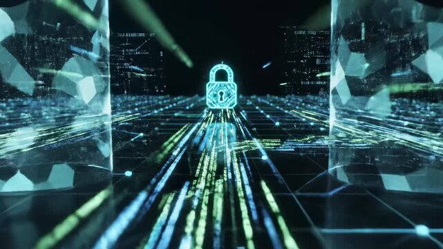 Digital data stream security network encryption with glowing padlock for cyber protection of sensitive information futuristic concept