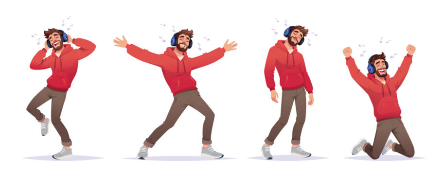 Young bearded cartoon man dancing character with headphones, listening to music enjoying songs