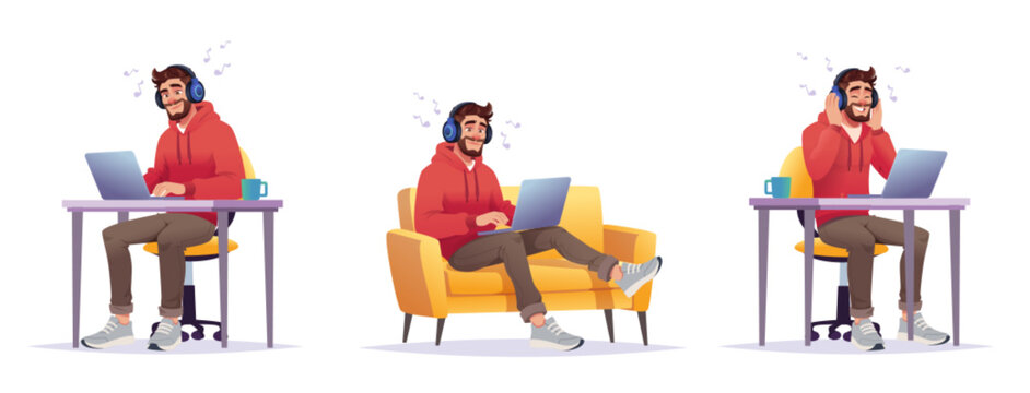 Man Wearing Headphones Working on Laptop and Relaxing on Couch and home office desk