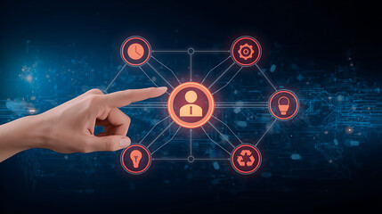 Obraz premium This image illustrates a futuristic concept for a Human Resources Management System, highlighting various interconnected HR functions