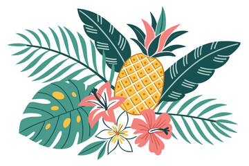 Obraz premium Vibrant tropical vector illustration showcasing a ripe pineapple surrounded by lush green palm fronds and exotic blooming hibiscus flowers, perfect for summer designs.