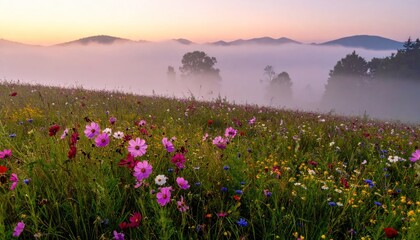 Obraz premium Beautiful Misty Meadow at Sunrise with Colorful Wildflowers.