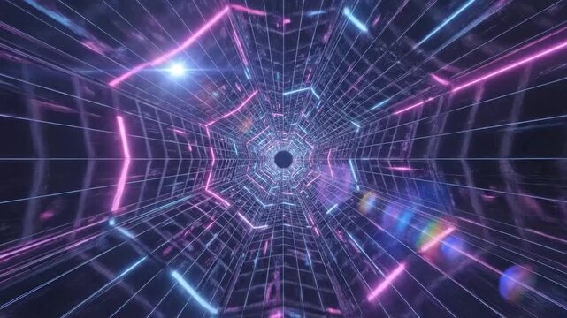 A futuristic, glowing tunnel with neon lights and a grid pattern receding into darkness, creating a sense of speed and digital exploration