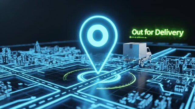 Digital delivery concept with map pointer and truck navigating the city out for delivery with glowing neon technology