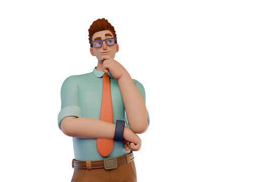 Thoughtful 3D Businessman Cartoon Character Thinking With Hand On Chin