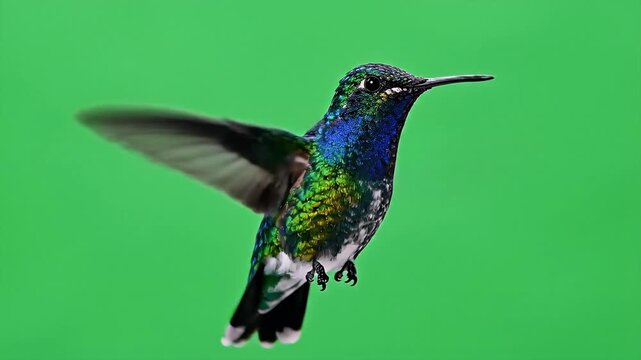 Iridescent Hummingbird Suspended in Motion Vibrant Blue Green Plumage Wings Flapping Against a Solid Green Screen Background
