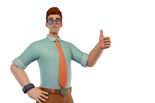 Friendly 3D Businessman Character Giving Thumbs Up Gesture Showing Approval And Confidence