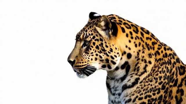 A spotted cat's head in profile, poised against white. Focused gaze, showing fur and details