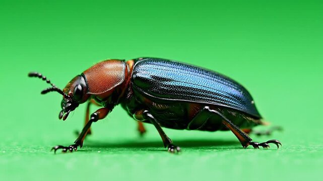 Macro shot of a shiny metallic blue bombardier beetle with coppery head slowly walking on a vibrant green surface with abdomen pulsing for scientific or educational purposes