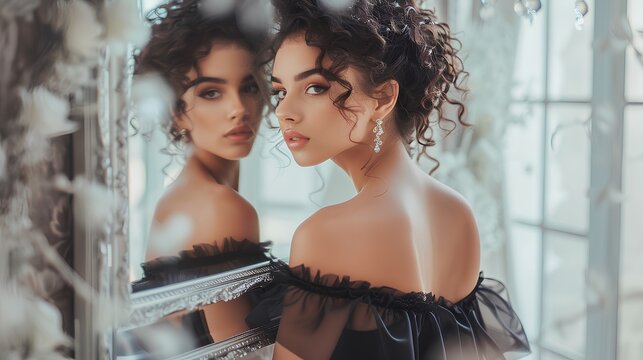 beautiful woman wearing a black off-the-shoulder tulle evening dress, with a shoulderless style and a bow back, is looking in the mirror to wear the wedding gown