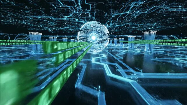 Digital network with glowing sphere and data streams representing global connectivity and advanced technology innovation