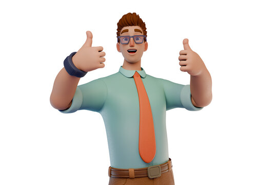 3D Cartoon Businessman Character Giving Double Thumbs Up