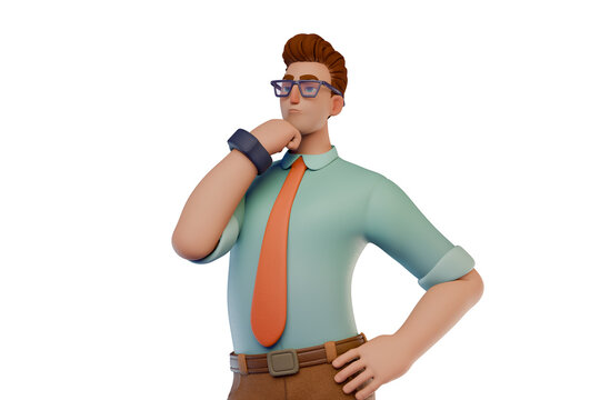 Thoughtful Businessman 3D Character in Shirt and Tie Pondering Decision With Confident Pose