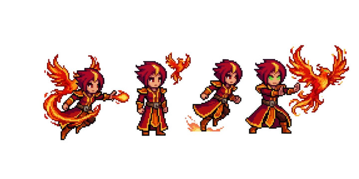 pixel art asset of a phoenix mage character sprite sheet including fire bird summoning, flying, and magical flame dash effects.