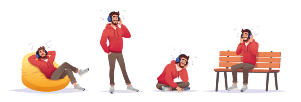 Bearded cartoon man in red hoodie relaxing listening music with headphones. 