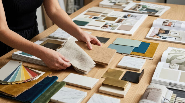 Interior designer selecting fabric and wood samples for a project.