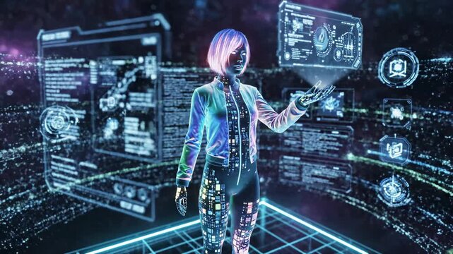 Digital woman interacting with holographic interface in futuristic city virtual reality environment for technological advancements and business applications
