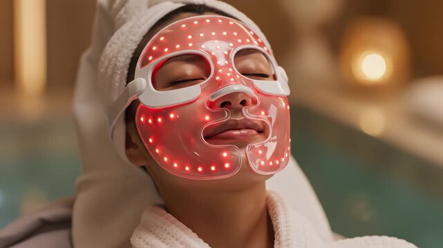 Woman Relaxing with Red LED Light Therapy Face Mask