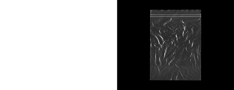 Clear plastic zip bag mockup with realistic crumpled texture on black.