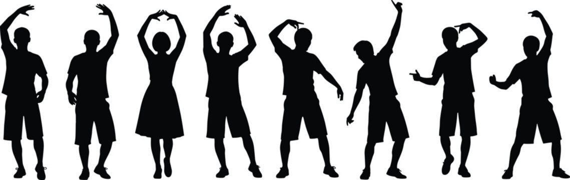 Group of people silhouettes dancing with raised arms, energetic party movement, men and women celebrating, modern dance poses collection isolated on white background