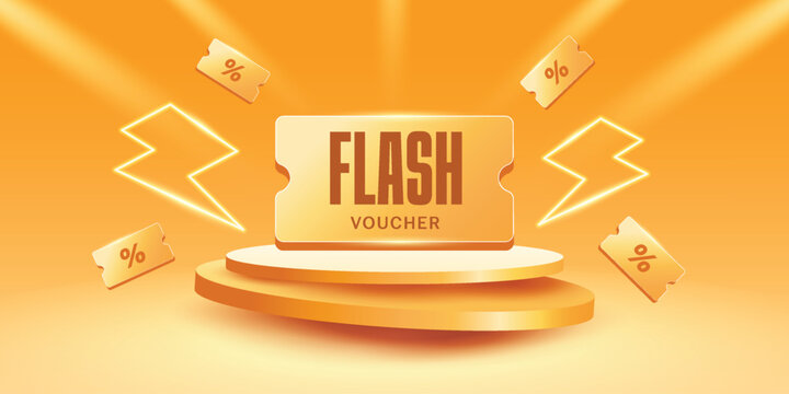 3d Podium flash sale with lighting effect. Yellow fying voucher and coupon design.
