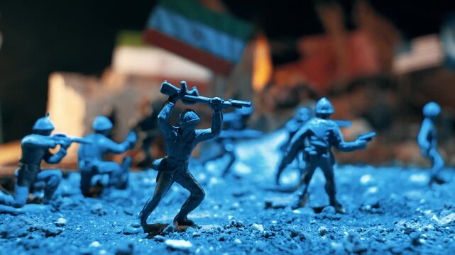 Plastic toy soldiers reenacting a battle scene on a miniature battlefield. Blue police and warm fire lights flashing over the war diorama